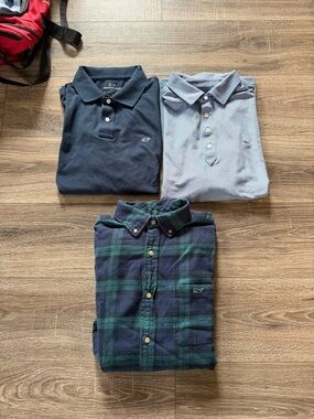 Vineyard Vines Men's Navy & Light Blue Polos with Green/Blue Plaid Flannel